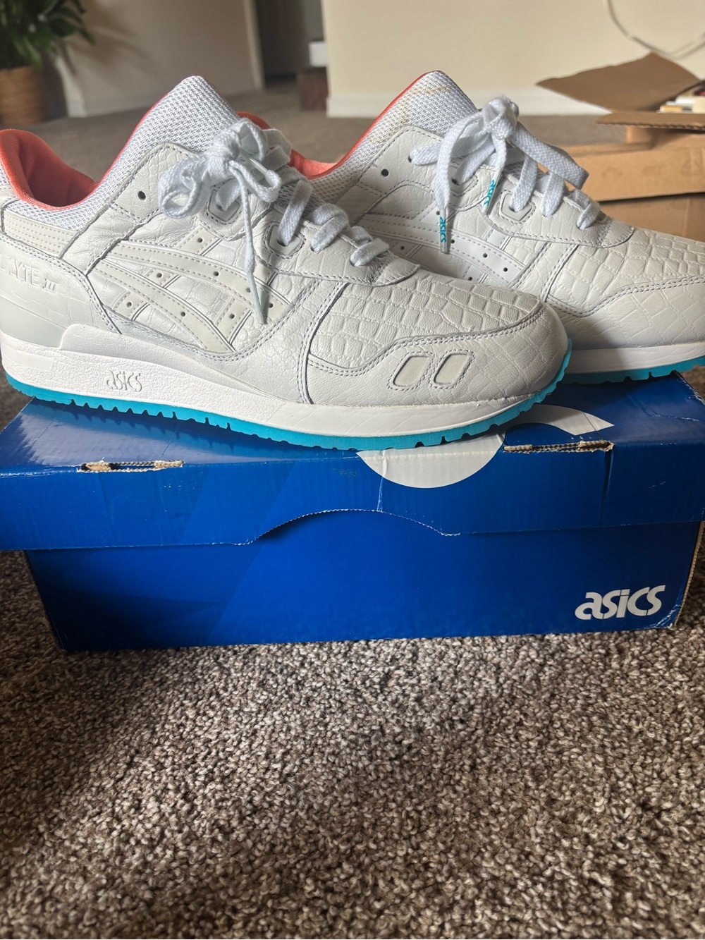 Asics White Croc-Textured Sneakers with Blue Outsole and Coral Lining